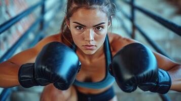 ai generiert ein konzentriert weiblich Boxer im sportlich tragen und Handschuhe Ausbildung auf Fitnessstudio Treppe foto