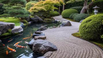 ai generiert ein japanisch Tee Garten mit perfekt geharkt Kies Wege und ein heiter Koi Teich foto