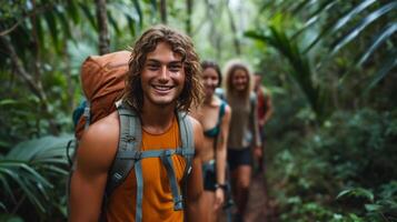 ai generiert ein Gruppe von freunde Wandern durch ein dicht, Smaragd Wald, Rucksäcke auf und lächelt breit foto