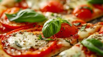 ai generiert ein Nahansicht von ein Scheibe von Margherita Pizza, präsentieren beschwingt rot Tomaten, frisch Basilikum, und Mozzarella foto