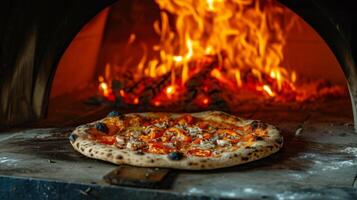 ai generiert ein rustikal holzbefeuert Pizza Ofen, Flammen Tanzen um ein frisch gebacken Pizza foto