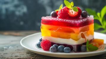 ai generiert ein faszinierend geschichtet Gelee Dessert mit abwechselnd Obst und Sahne Lagen, ein herrlich Verschmelzung foto