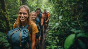 ai generiert ein Gruppe von freunde Wandern durch ein dicht, Smaragd Wald, Rucksäcke auf und lächelt breit foto