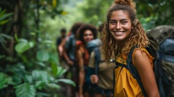 ai generiert ein Gruppe von freunde Wandern durch ein dicht, Smaragd Wald, Rucksäcke auf und lächelt breit foto