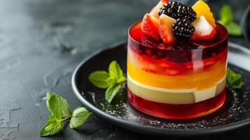 ai generiert ein faszinierend geschichtet Gelee Dessert mit abwechselnd Obst und Sahne Lagen, ein herrlich Verschmelzung foto