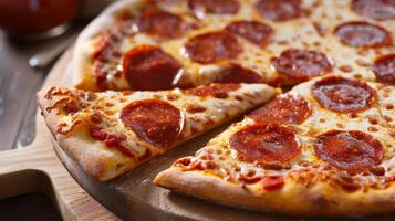 ai generiert ein lecker Pizza, mit sprudelnd Käse und Peperoni Scheiben foto