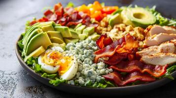 ai generiert ein herzhaft cobb Salat mit Reihen von Speck, Eier, Avocado, Huhn, und Blau Käse bröckelt foto