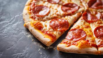 ai generiert ein lecker Pizza, mit sprudelnd Käse und Peperoni Scheiben foto