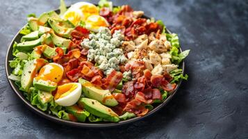 ai generiert ein herzhaft cobb Salat mit Reihen von Speck, Eier, Avocado, Huhn, und Blau Käse bröckelt foto