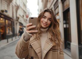 ai generiert ein Frau nehmen ein Selfie mit ihr Telefon, im das Stil von emotional Körper Sprache, Licht braun und Beige, foto