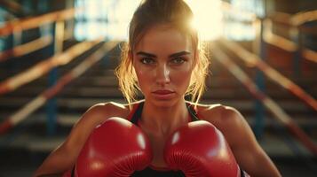ai generiert sportlich Frau im Boxen Ausbildung foto