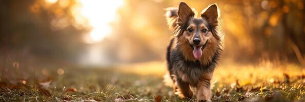 ai generiert schön flauschige Hund Gehen im das Gras foto