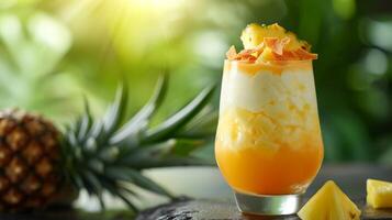 ai generiert ein tropisch Paradies im ein Glas mit Kokosnuss Milch Gelee, geschmückt mit frisch Ananas Brocken foto
