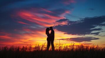 ai generiert ein Paar leidenschaftlich Kuss unter ein beschwingt Sonnenuntergang, Liebe Zünden im das Dämmerung foto