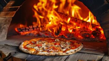 ai generiert ein rustikal holzbefeuert Pizza Ofen, Flammen Tanzen um ein frisch gebacken Pizza foto