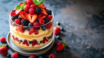 ai generiert ein beschwingt Beere Kleinigkeit, präsentieren Schichten von Schwamm Kuchen, Vanillepudding, und frisch Beeren foto