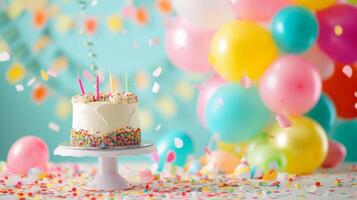 ai generiert ein beschwingt und bunt Geburtstag Party Rahmen mit Luftballons, Streamer, und ein festlich Kuchen foto