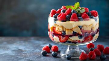 ai generiert ein beschwingt Beere Kleinigkeit, präsentieren Schichten von Schwamm Kuchen, Vanillepudding, und frisch Beeren foto