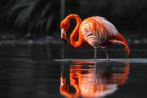 ai generiert ein einsam Flamingo watet im immer noch Gewässer, Gießen ein perfekt Betrachtung von es ist beschwingt Gefieder foto