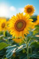 ai generiert Sonnenblumen Stehen groß, ihr golden Gesichter folgenden das Sonne Pfad über das Himmel foto