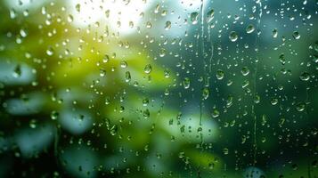 ai generiert glitzernd Regentropfen auf Fensterscheiben erstellen ein beruhigend, minimalistisch Frühling Rahmen foto