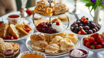 ai generiert ein traditionell britisch Nachmittag Tee Ausbreitung, Komplett mit Scones, geronnen Creme, und Marmelade foto