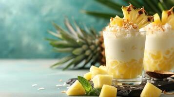 ai generiert ein tropisch Paradies im ein Glas mit Kokosnuss Milch Gelee, geschmückt mit frisch Ananas Brocken foto