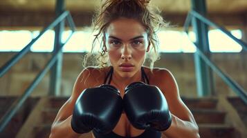 ai generiert konzentriert weiblich Boxer im sportlich tragen und Handschuhe Ausbildung auf Fitnessstudio Treppe foto