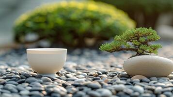 ai generiert ein Teetasse im ein Zen Garten, umgeben durch glatt Kieselsteine und Miniatur Bonsai Bäume foto