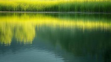 ai generiert Ruhe Wasser reflektieren das Ruhe von ein heiter, minimalistisch Frühling Landschaft foto