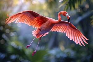 ai generiert ein Nahansicht erfasst das kompliziert Einzelheiten von ein Flamingos ausgestreckt Flügel im mitten im Flug foto