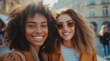 ai generiert modisch jung Frauen im das Stadt, präsentieren ihr Stil mit Original- lächelt foto