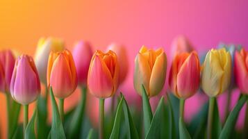 ai generiert Fett gedruckt und bunt Tulpe Knospen gegen ein hell, Frühlingsthema Hintergrund verströmen Energie und Erneuerung foto