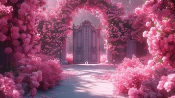 ai generiert ein großartig rosafarben Tor begrüßt Besucher in das magisch Welt foto