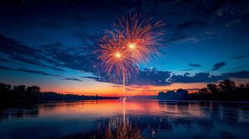 ai generiert vierte von Juli Feuerwerk Anzeige Über See foto