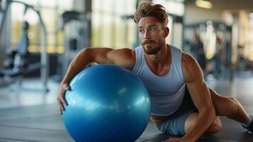 ai generiert konzentriert Mann ausüben mit Stabilität Ball im Fitnessstudio foto