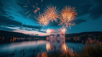 ai generiert beschwingt Feuerwerk Über See auf vierte von Juli foto
