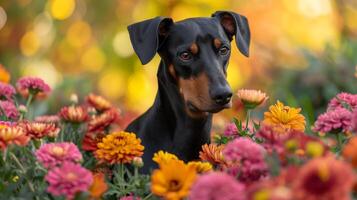 ai generiert Dobermann Pinscher unter beschwingt Blumen foto