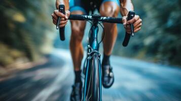 ai generiert konzentriert Radfahrer Ausbildung auf stationär Fahrrad foto