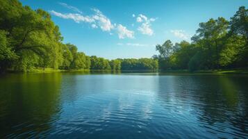 ai generiert ein heiter Rudern See umgeben durch üppig Grün, ein Oase zum Ruderer. foto