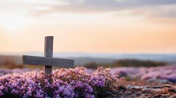 ai generiert still Ostern Szene mit hölzern Kreuz und lila Blumen foto