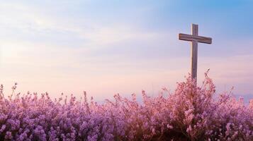 ai generiert still Ostern Szene mit hölzern Kreuz und lila Blumen foto