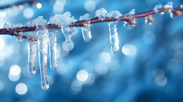 ai generiert kristallklar Eiszapfen hängend von ein gefroren Zweig, reflektieren des Winters Schönheit foto