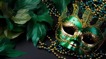 ai generiert elegant golden Karneval gras Maske mit Grün Perlen und Gefieder foto