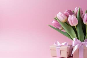 ai generiert Rosa Tulpen und Geschenke auf Rosa Hintergrund foto