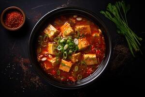 ai generiert würzig Tofu Suppe im Schüssel auf dunkel Hintergrund foto