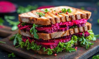 ai generiert Rote Beete Sandwich Gesundheit Vegetarier Vegetarier Rote Beete Sandwich gesund dh äh foto