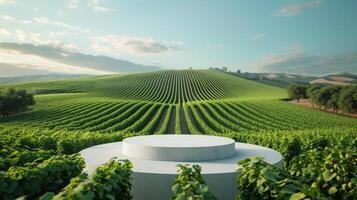 ai generiert minimalistisch Podium im heiter Weinberg Landschaft foto