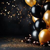 ai generiert schön Geburtstag Hintergrund mit schwarz und Gold Luftballons und Platz zum Text foto