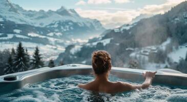 ai generiert weiblich im heiß Wanne mit Blick auf Berge und Schnee foto